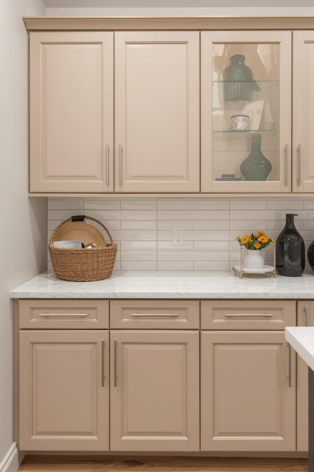 Beige Cabinets with Brushed Nickel Handles