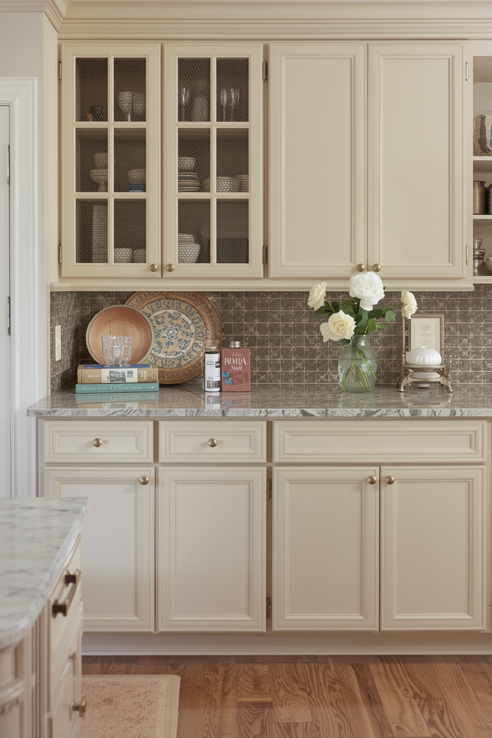 Beige Cabinets with Patterned Countertops