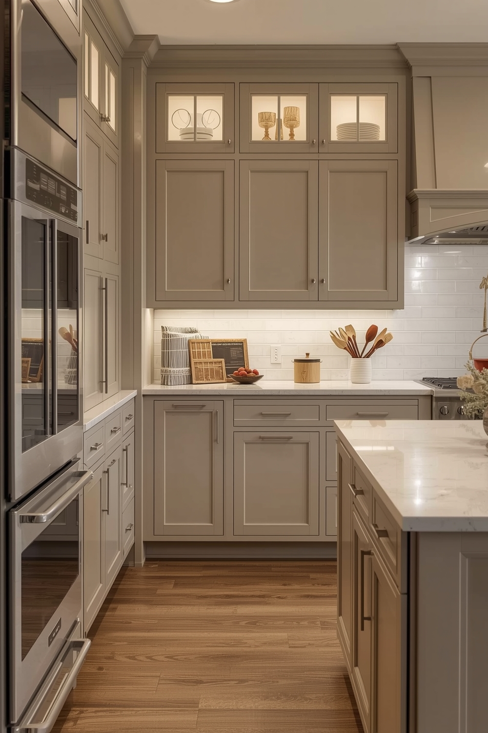 Beige Kitchen Cabinets with Ambient Lighting