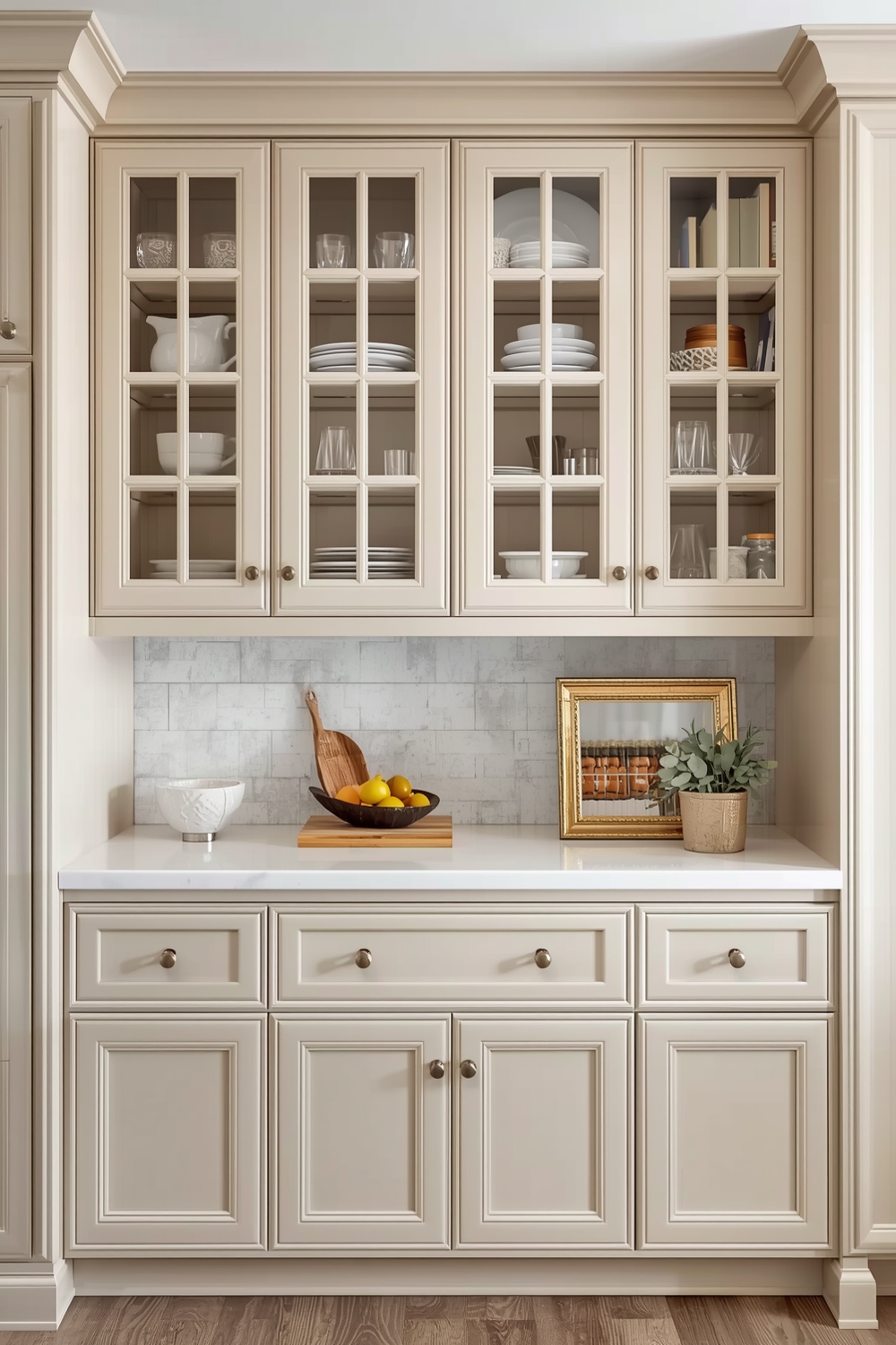 Beige Kitchen Cabinets with Glass-Front Uppers