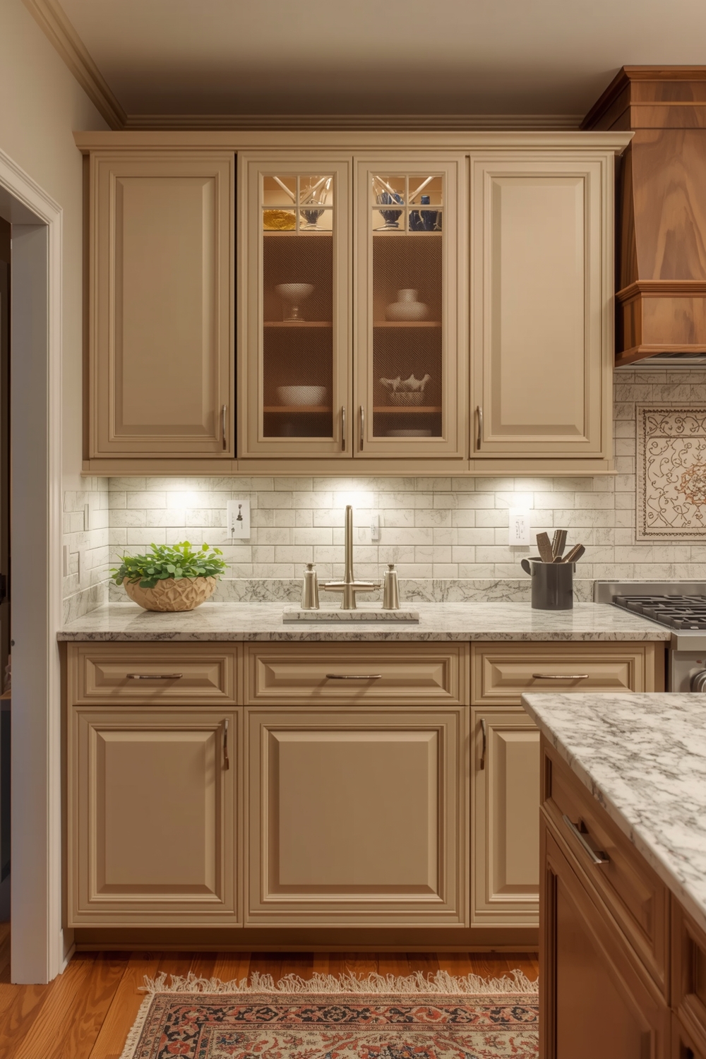 Beige Kitchen Cabinets with Under-Cabinet Lights