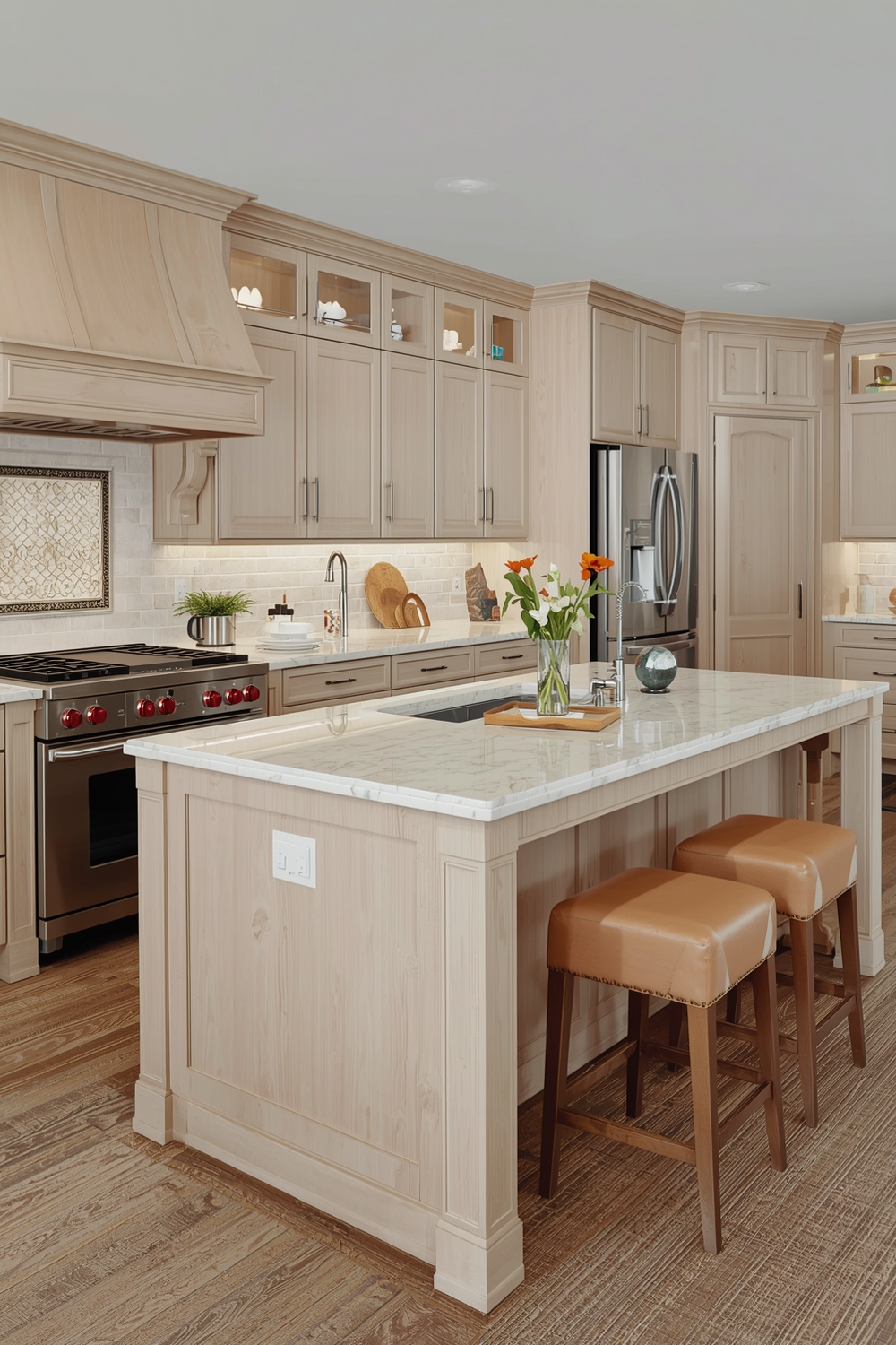 Beige Kitchen Cabinets with a Central Island