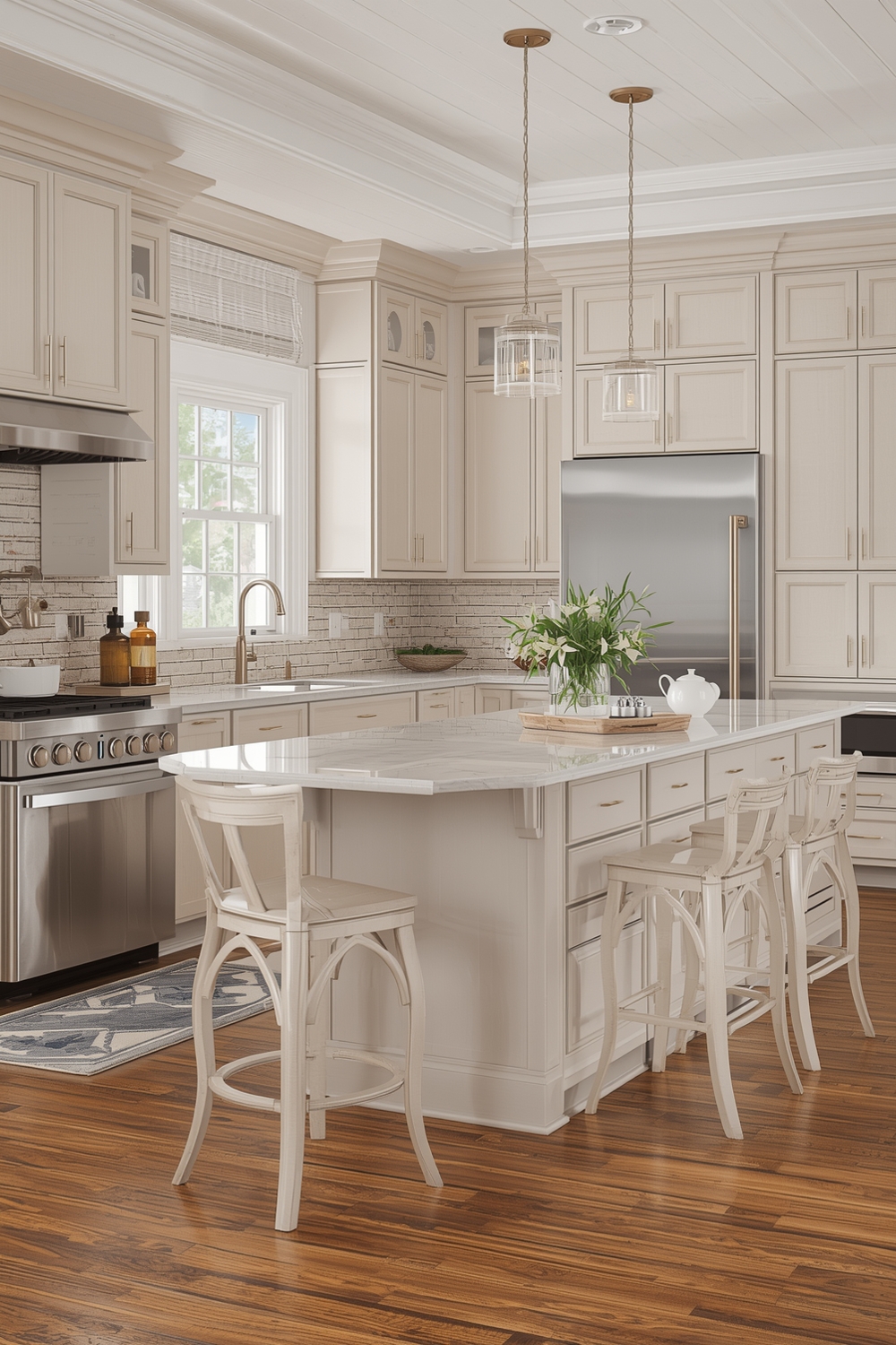Beige Kitchen Cabinets with a Functional Island