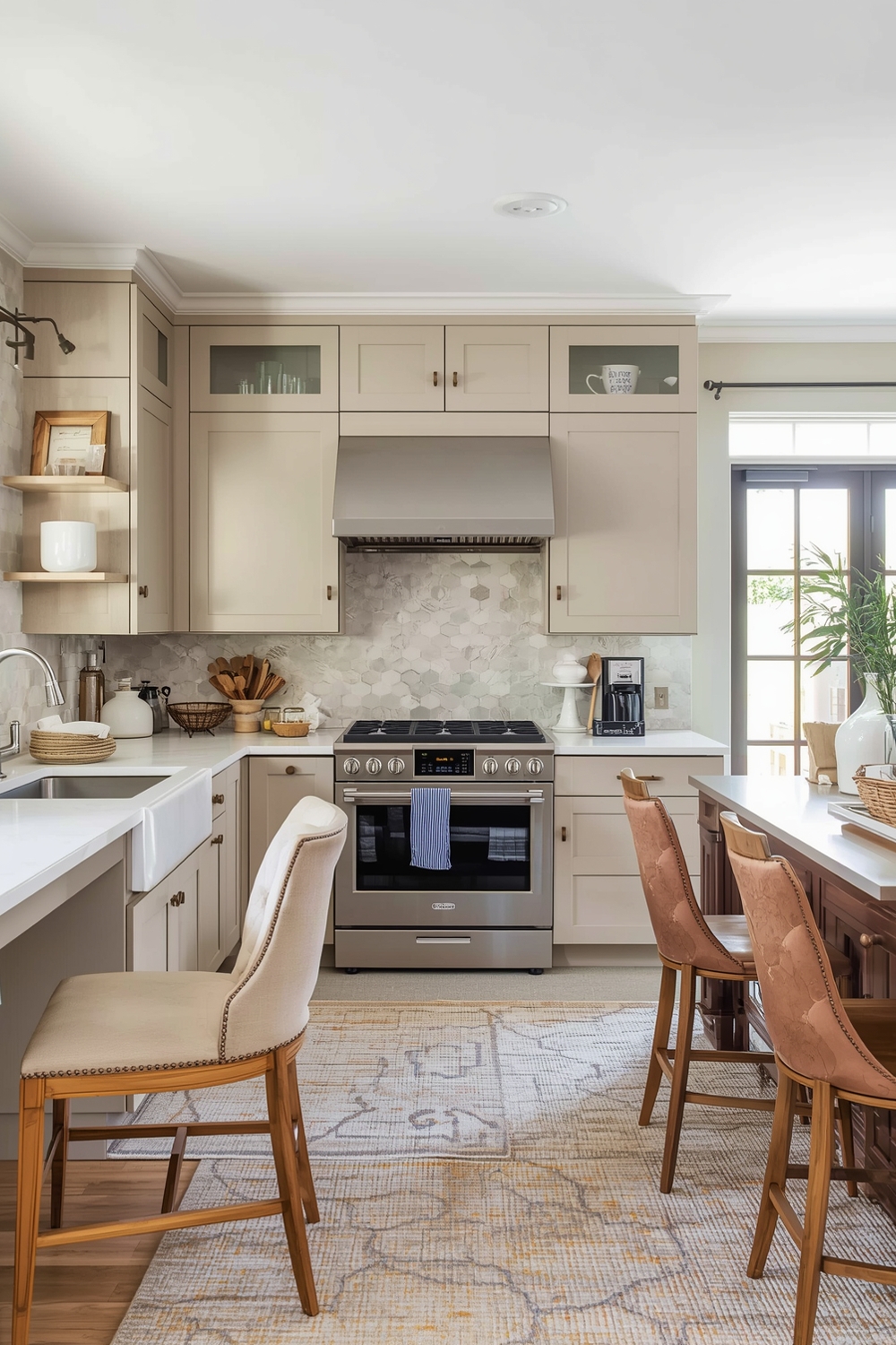 Open-Concept Beige Kitchen Cabinets