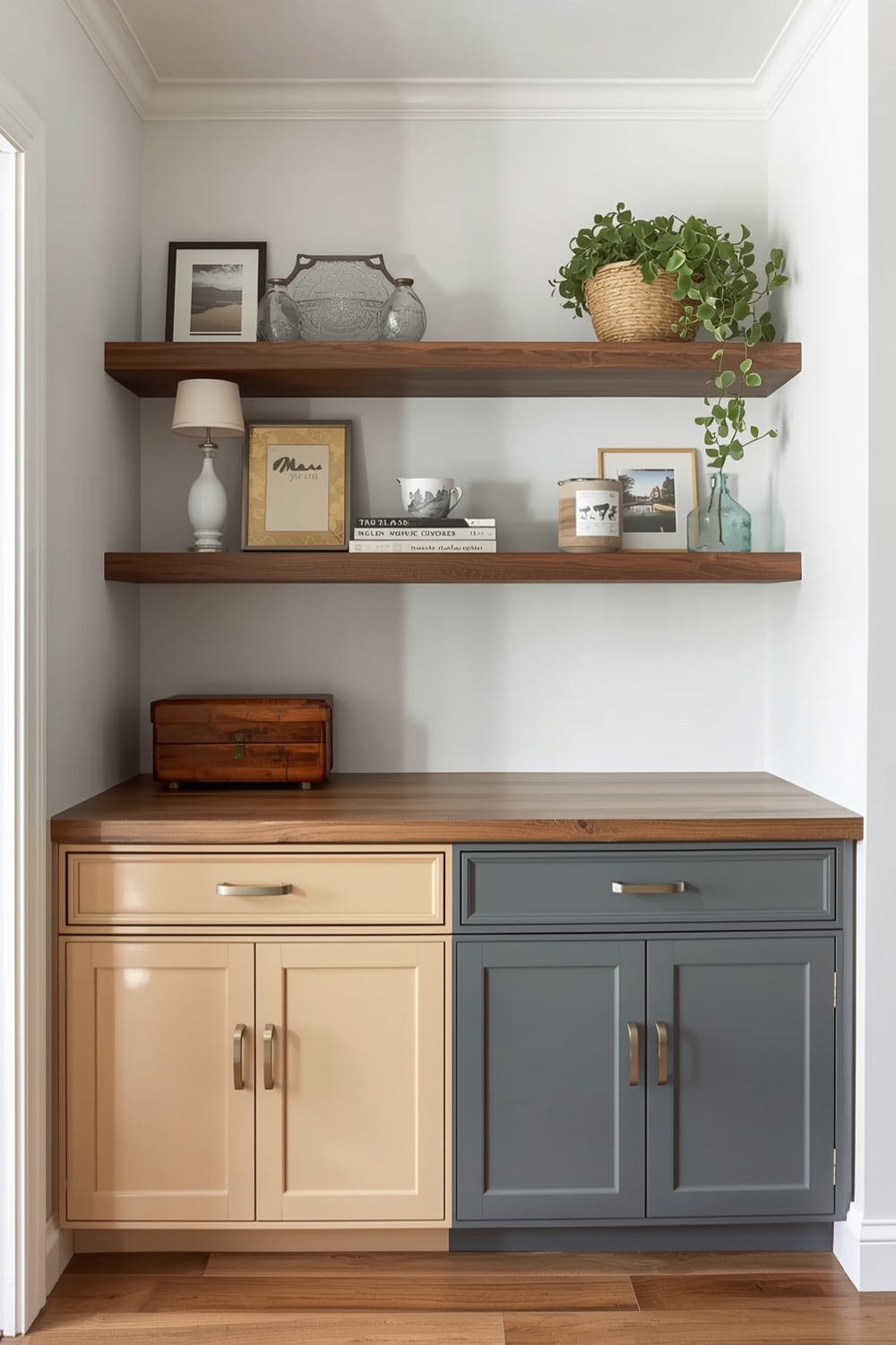 Two-Toned Cabinets with Floating Shelves