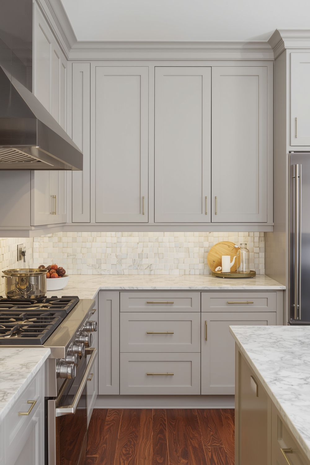Two-Toned Cabinets with Marble Countertops
