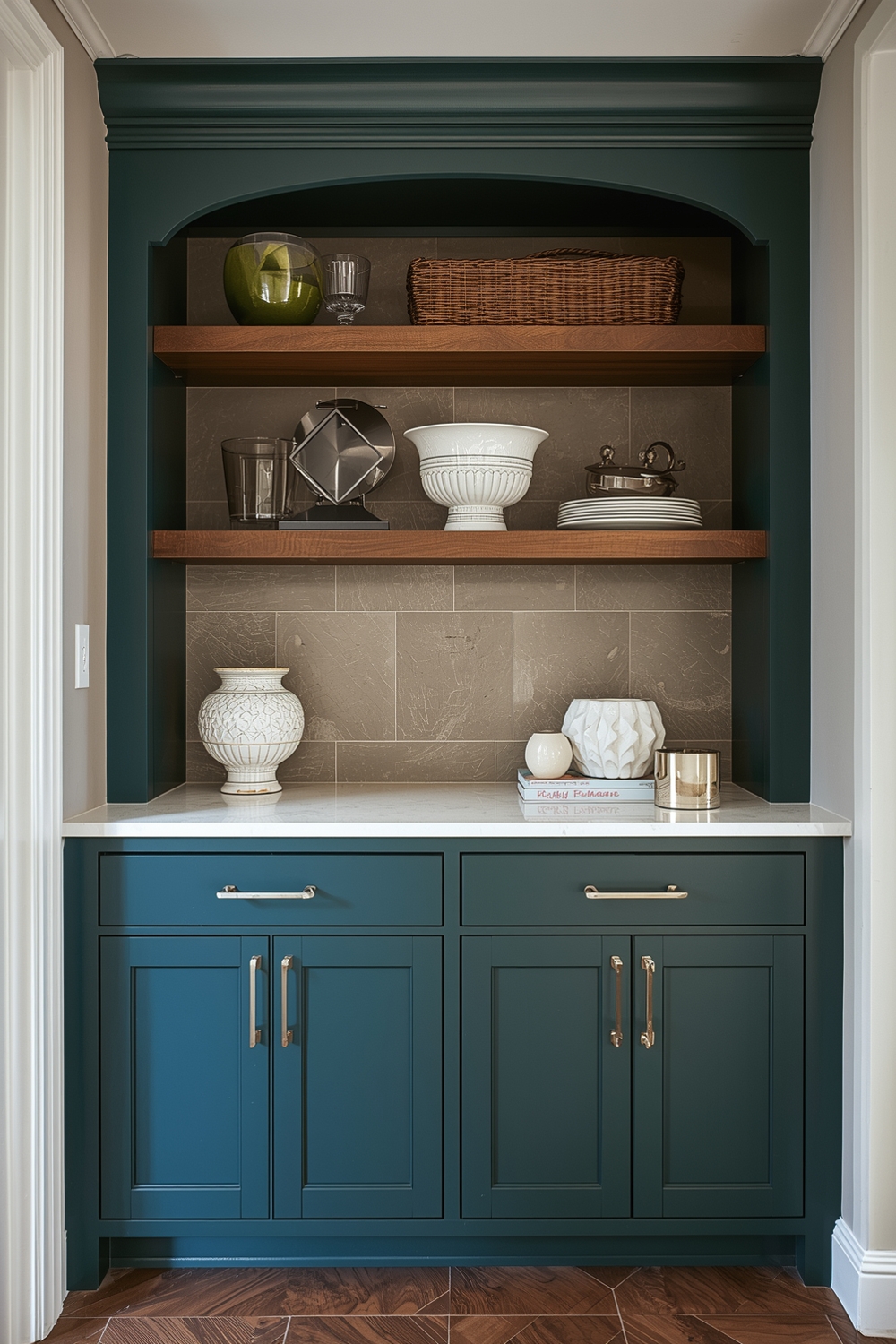 Two-Toned Cabinets with Metal Open Shelves