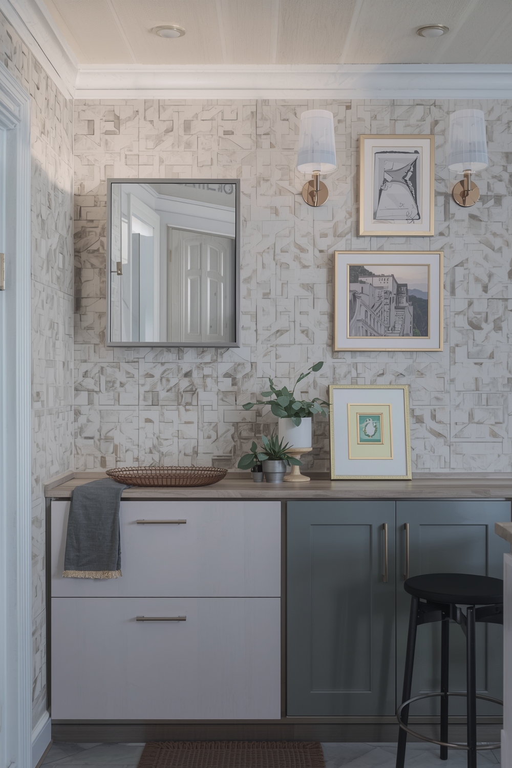 Two-Toned Cabinets with Statement Lighting