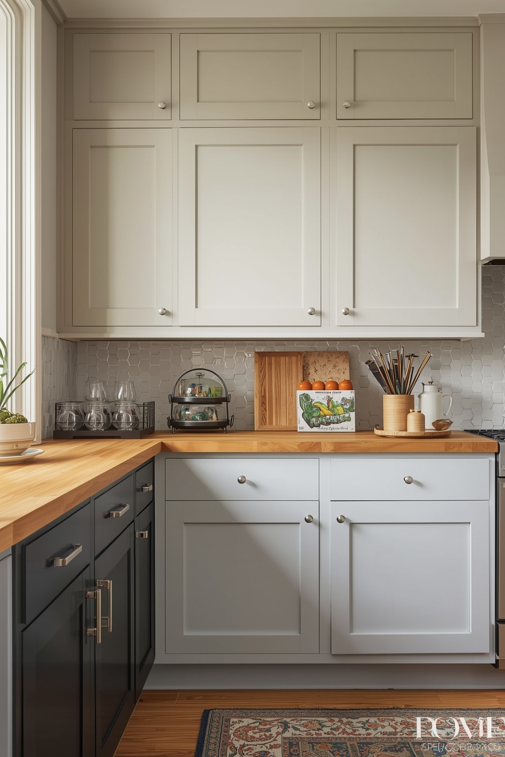 Two-Toned Kitchen Cabinets with Butcher Block Counters