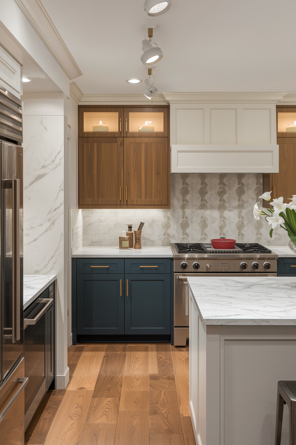 Two-Toned Kitchen Cabinets with Track Lighting