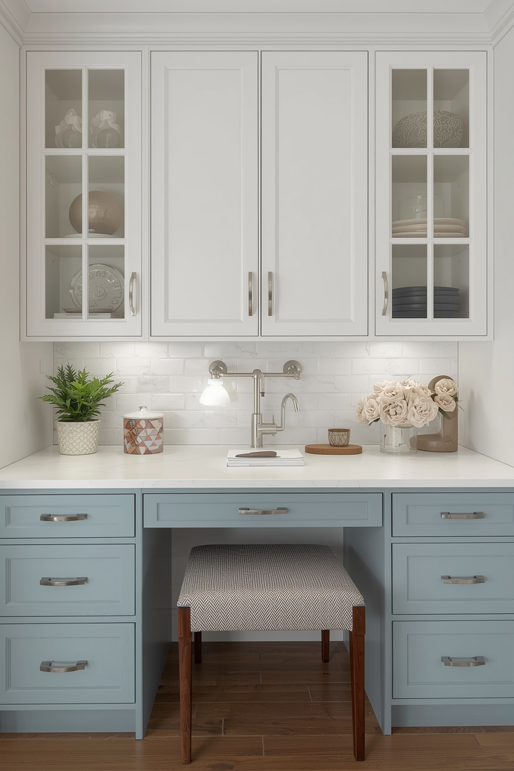 Two-Toned Kitchen Cabinets with a Work Desk
