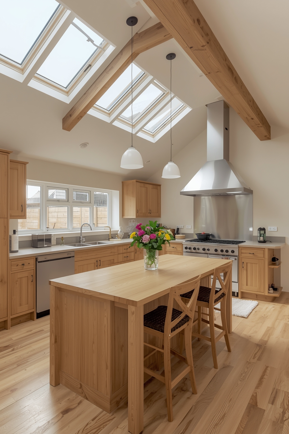 White Oak Kitchen Layout with Skylights