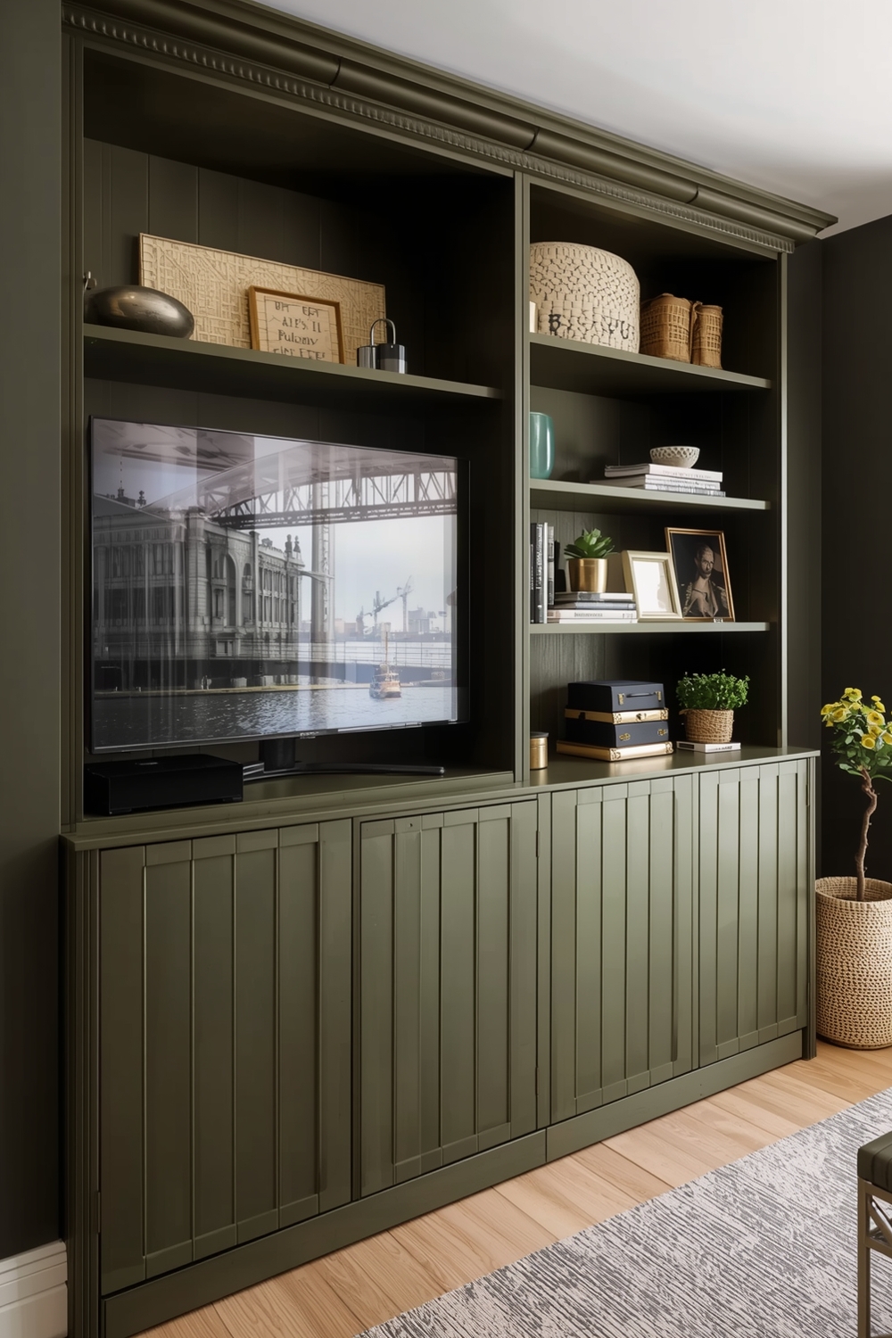 Olive Green Living Room Storage Solution Ideas