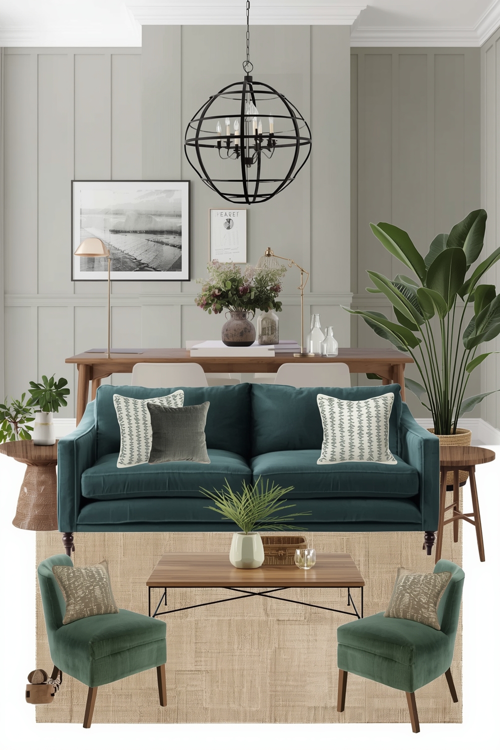 Open Concept Sage Green Living Room Layout Boards