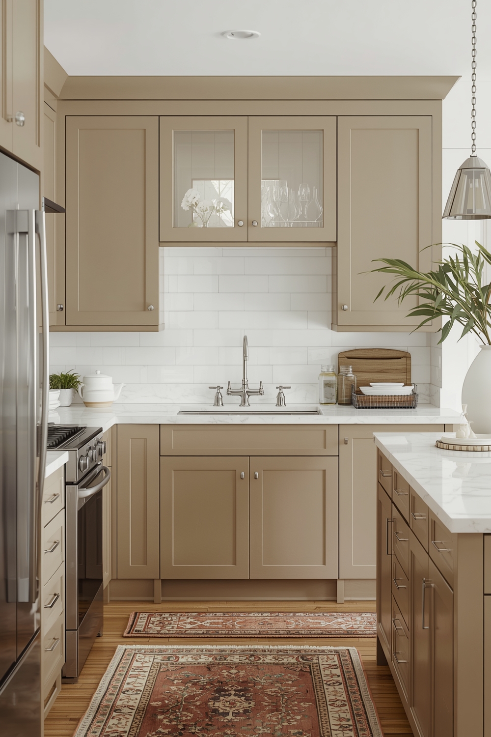 Beige kitchen cabinets with complementary wall and countertop colors