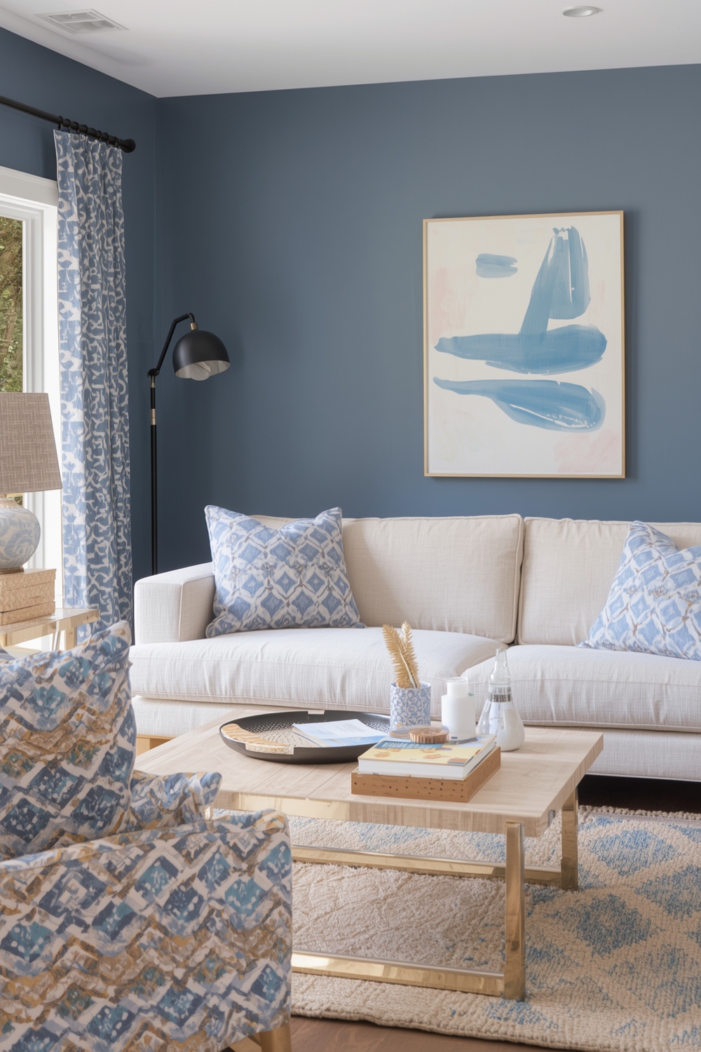 Design changes to warm up a blue room — textiles, wood, and warm lighting