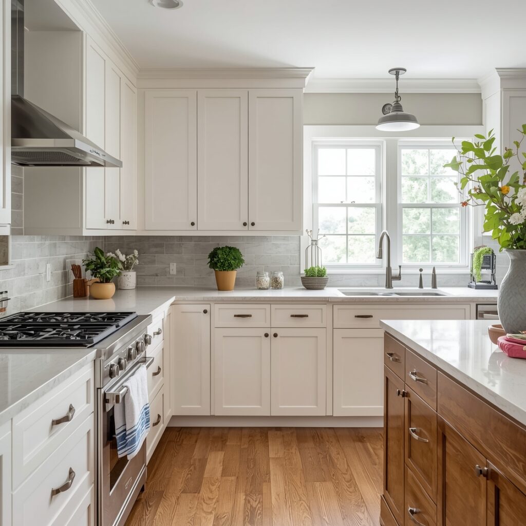 white paint with oak cabinets